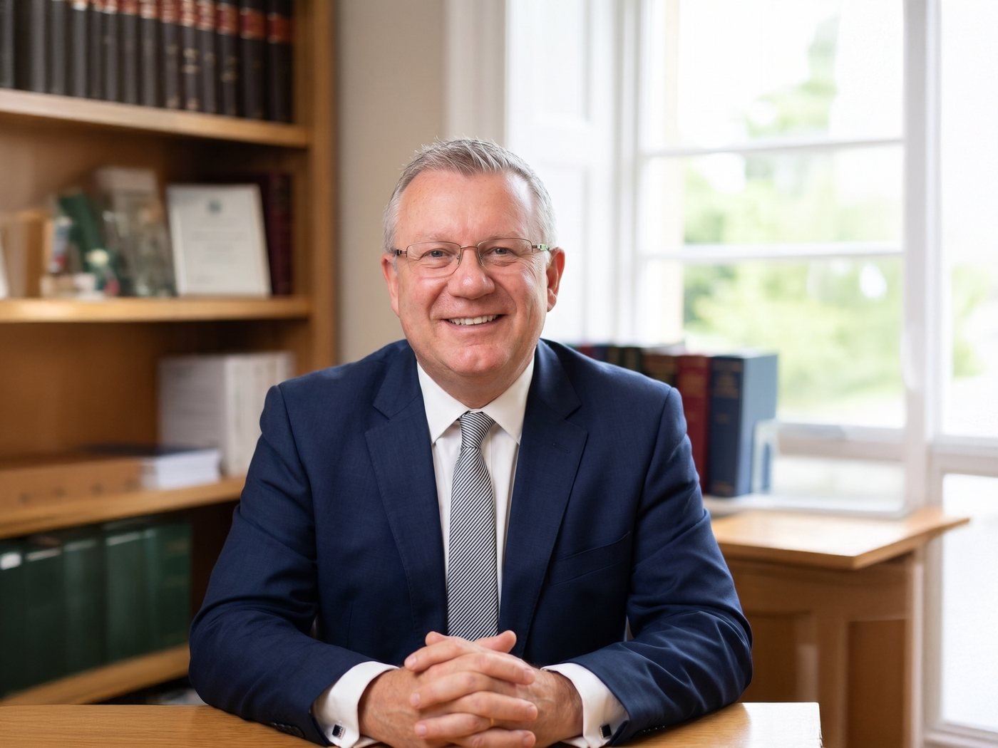 Andrew Brackenbury at his desk, with reference books behind him.