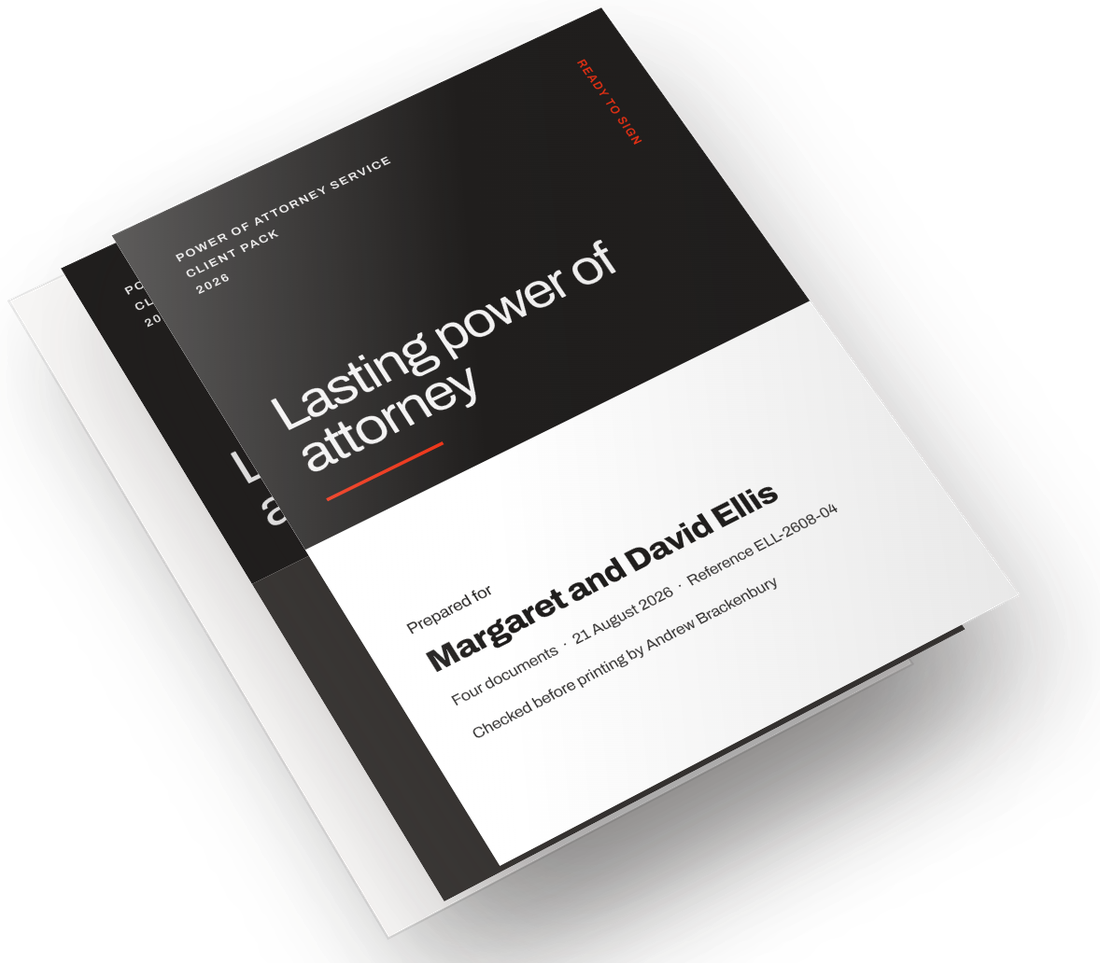 The printed client pack: an A4 cover reading Lasting power of attorney, prepared for the clients by name, checked before printing by Andrew Brackenbury.